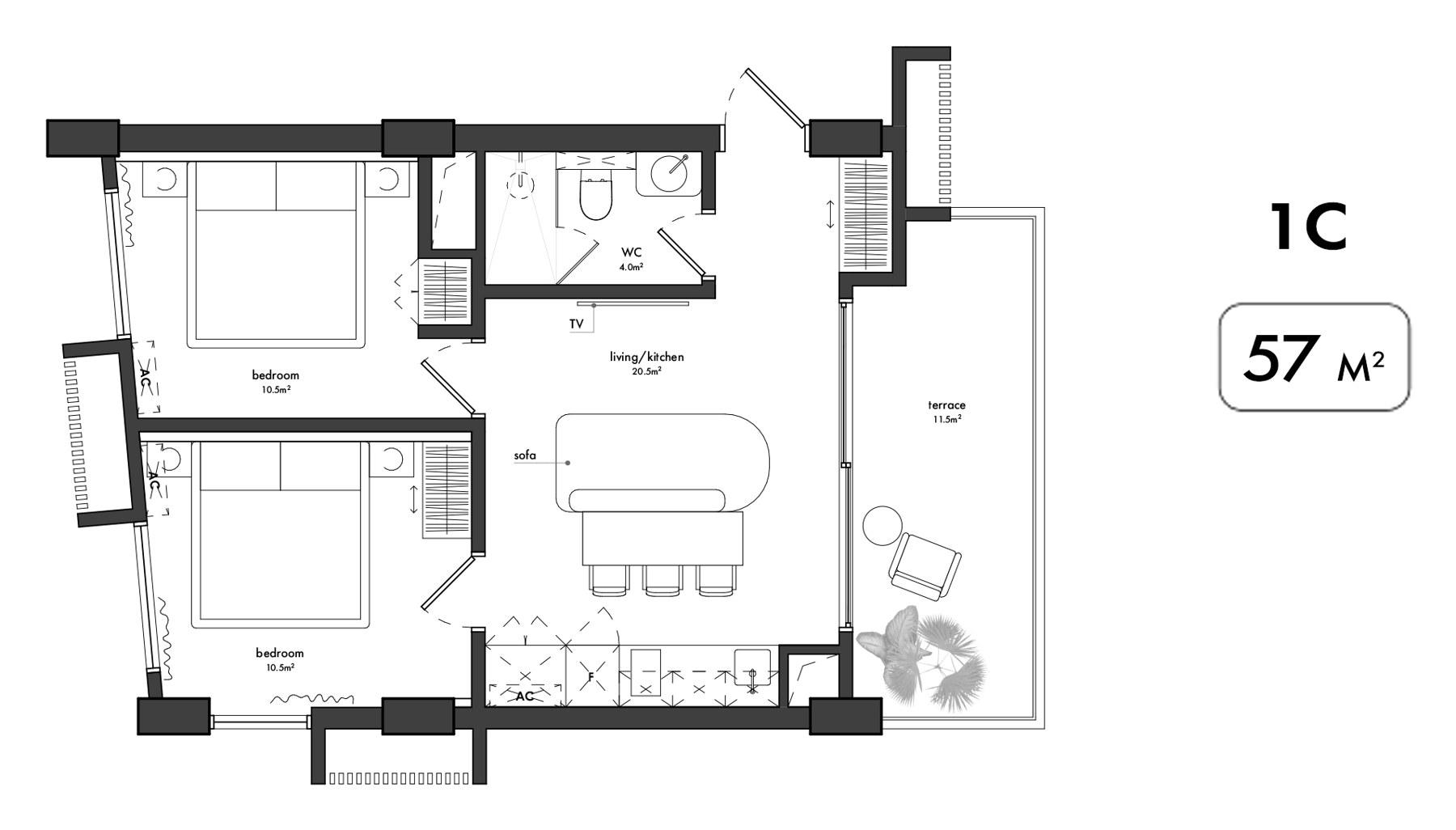 Two-bedroom apartment · 1C